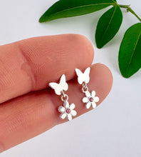 Load image into Gallery viewer, sterling silver butterfly and flower drop earrings - great first dangly earrings for children