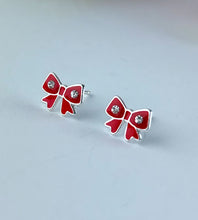 Load image into Gallery viewer, sterling silver red bow christmas earrings