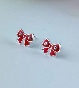 sterling silver red bow christmas earrings