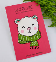 Load image into Gallery viewer, sterling silver sparkly holly ear studs on a Lucy and Jane Christmas earring card