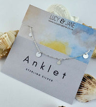 Load image into Gallery viewer, sterling silver anklet with small disc charms dotted around it. Displayed on a Lucy and Jane Anklet card