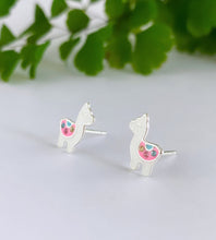Load image into Gallery viewer, sterling silver alpaca studs in white with pink and sparkly detailing.  Earrings for children