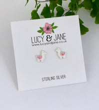 Load image into Gallery viewer, The cutest little sterling silver alpaca studs in white and pink on a Lucy and jane backing card