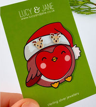 Load image into Gallery viewer, sterling silver cute reindeer head studs on a Christmas robin earring card