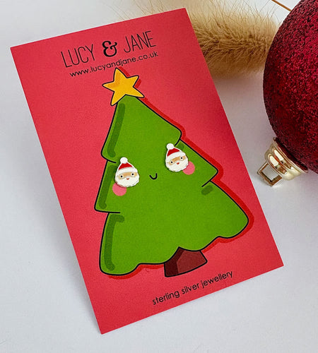sterling silver santa head earrings on a christmas tree card