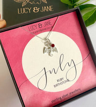Load image into Gallery viewer, sterling silver dragon birthstone necklace for July in a Lucy and Jane necklace box