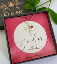 Load image into Gallery viewer, sterling silver dragonfly birthstone necklace for July. In a stylish Lucy and Jane black necklace box