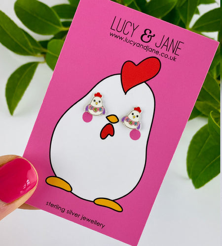 sterling silver easter chicken studs on an Easter backing card
