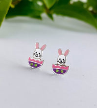 Load image into Gallery viewer, Sterling silver Easter rabbit in egg earrings