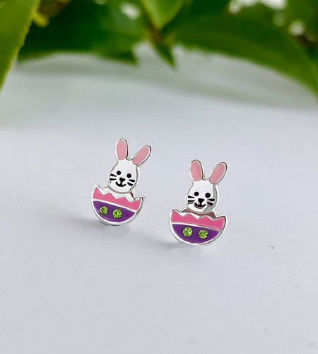 Sterling silver Easter rabbit in egg earrings