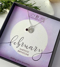 Load image into Gallery viewer, sterling silver initial and birthstone necklace for February