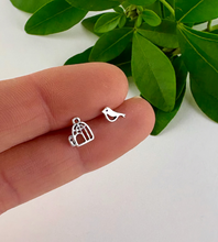 Load image into Gallery viewer, sterling silver mismatched bird and birdcage small ear studs