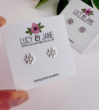 Load image into Gallery viewer, sterling silver lily flower earrings on a Lucy and Jane earring card