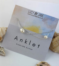 Load image into Gallery viewer, sterling silver double freshwater pearl anklet on a Lucy and Jane anklet bracelet backing card