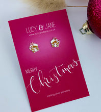 Load image into Gallery viewer, sterling silver gingerbread house earrings on a merry christmas card
