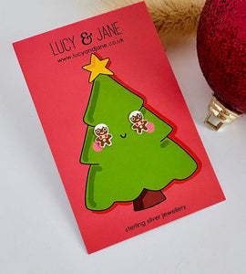 sterling silver colourful gingerbread man earrings on a festive christmas tree card