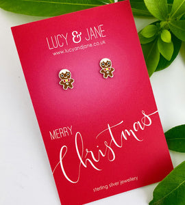 sterling silver gingerbread men studs on a festive card