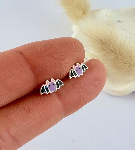 cute sterling silver bat stud earrings in purple and black