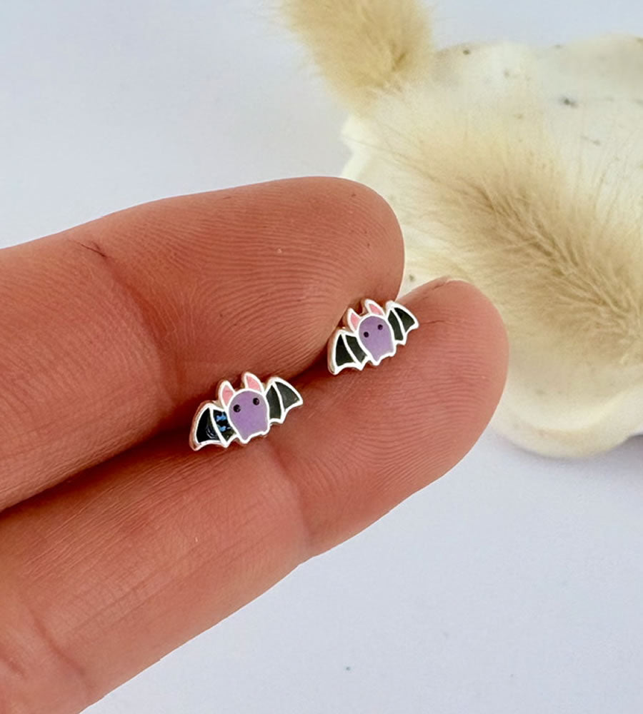 cute sterling silver bat stud earrings in purple and black