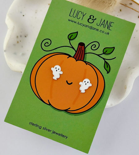 sterling silver white ghost studs on a halloween themed backing card 