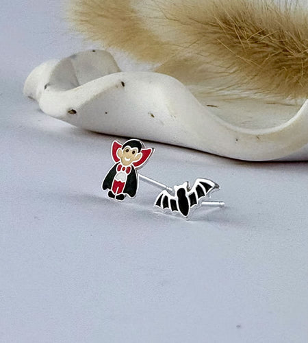sterling silver vampire and black bat mistmatched stud earrings for children and fans of Halloween