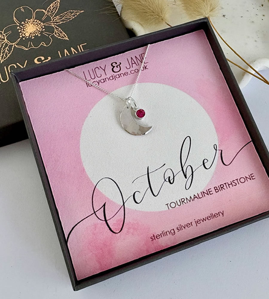 sterling silver hammered moon birthstone necklace for October birthdays