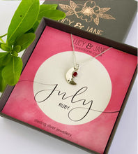 Load image into Gallery viewer, sterling silver hammered moon birthstone necklace for July