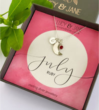Load image into Gallery viewer, sterling silver hammered moon birthstone necklace for July with the addition of a small hand stamped sterling silver initial