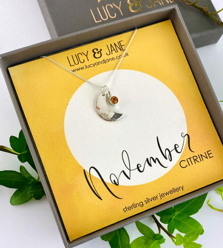 sterling silver hammered moon birthstone necklace for November