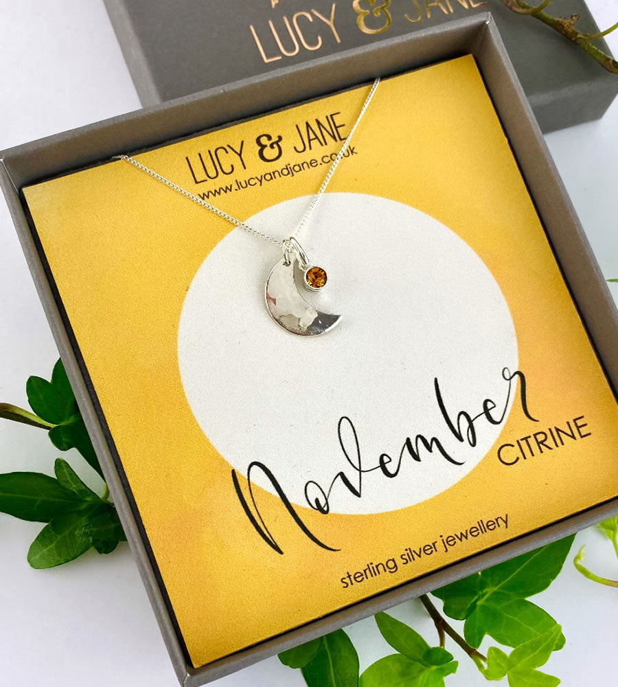 sterling silver hammered moon birthstone necklace for November