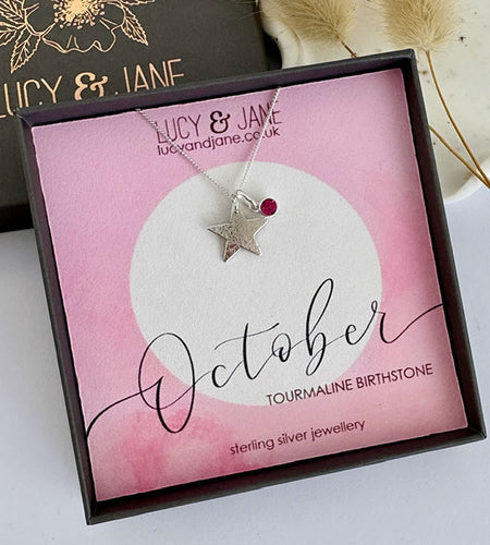 sterling silver hammered star birthstone necklace for October birthdays