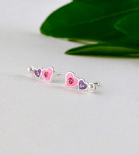 Load image into Gallery viewer, sterling silver pink and purple heart climber earrings for children