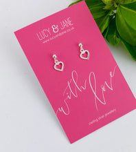 Load image into Gallery viewer, sterling silver heart drop earrings on with love card