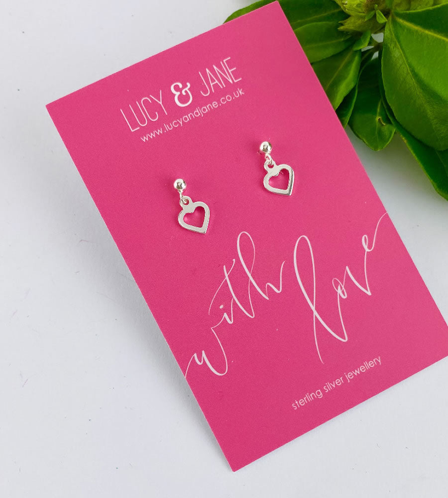 sterling silver heart drop earrings on with love card