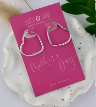 Load image into Gallery viewer, sterling silver heart hoops on a mother's day card