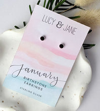 Load image into Gallery viewer, sterling silver january birthstone studs with a dark red crystal stone to represent garnet for January