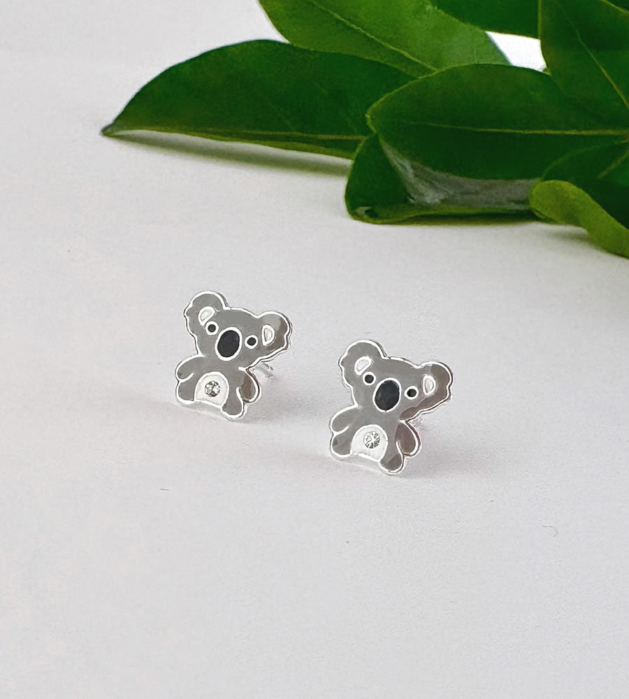 Orecchini a forma di koala in argento Sterling ossidato, effetto anticato, misura XS