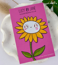 Load image into Gallery viewer, sterling silver ladybird earrings on a bright sunflower design earring card
