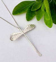 Load image into Gallery viewer, sterling silver large dragonfly necklace with hammered detailing on the wings and body
