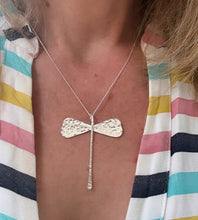 Load image into Gallery viewer, large sterling silver hammered dragonfly necklace on model