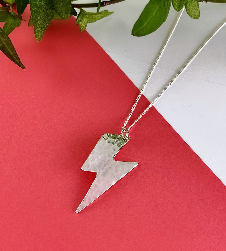 sterling silver large lightning bolt necklace on a sterling silver chain