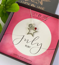 Load image into Gallery viewer, sterling silver star birthstone necklace for july with an added initial charm