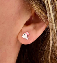 Load image into Gallery viewer, sterling silver leaping bunny earrings in model&#39;s ear