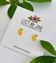 Load image into Gallery viewer, sterling silver lemon earrings on a lucy and jane backing card
