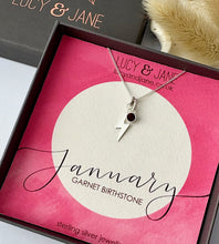 Load image into Gallery viewer, sterling silver birthstone lightning bolt necklace for January