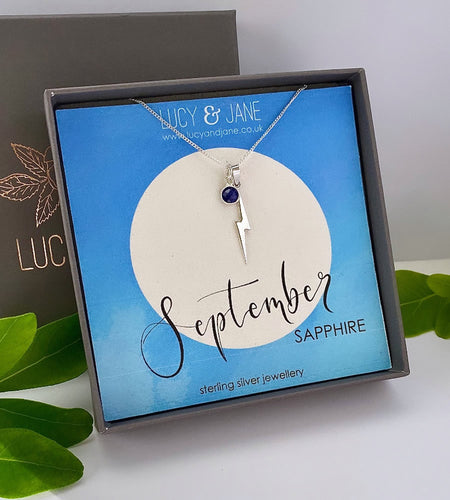 sterling silver lighting bolt birthstone necklace for September