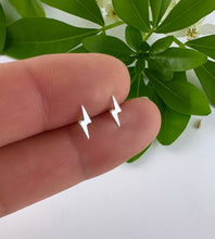 Load image into Gallery viewer, sterling silver small lightning bolt stud earrings. Ideal earrings for children, teenagers or adults with sensitive ears