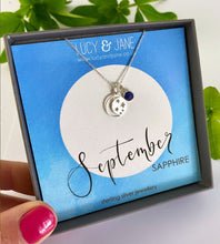 Load image into Gallery viewer, sterling silver moon and stars birthstone necklace for September
