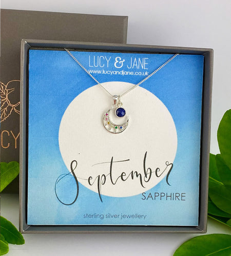 sterling silver moon birthstone necklace for September