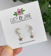 Load image into Gallery viewer, Sterling Silver Moon With Star Drop Earrings